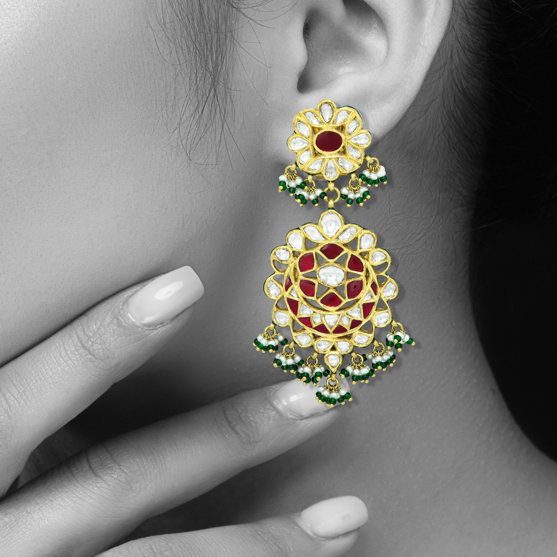 Crescent Polki Necklace Set with Red Talaf, Emeralds, and Pearls